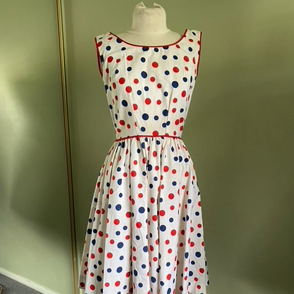 Vintage Red & Blue Polka Dot White Dress